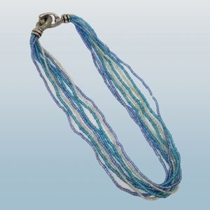 Vintage 8 Strand Blue/Teal/White Beaded Necklace